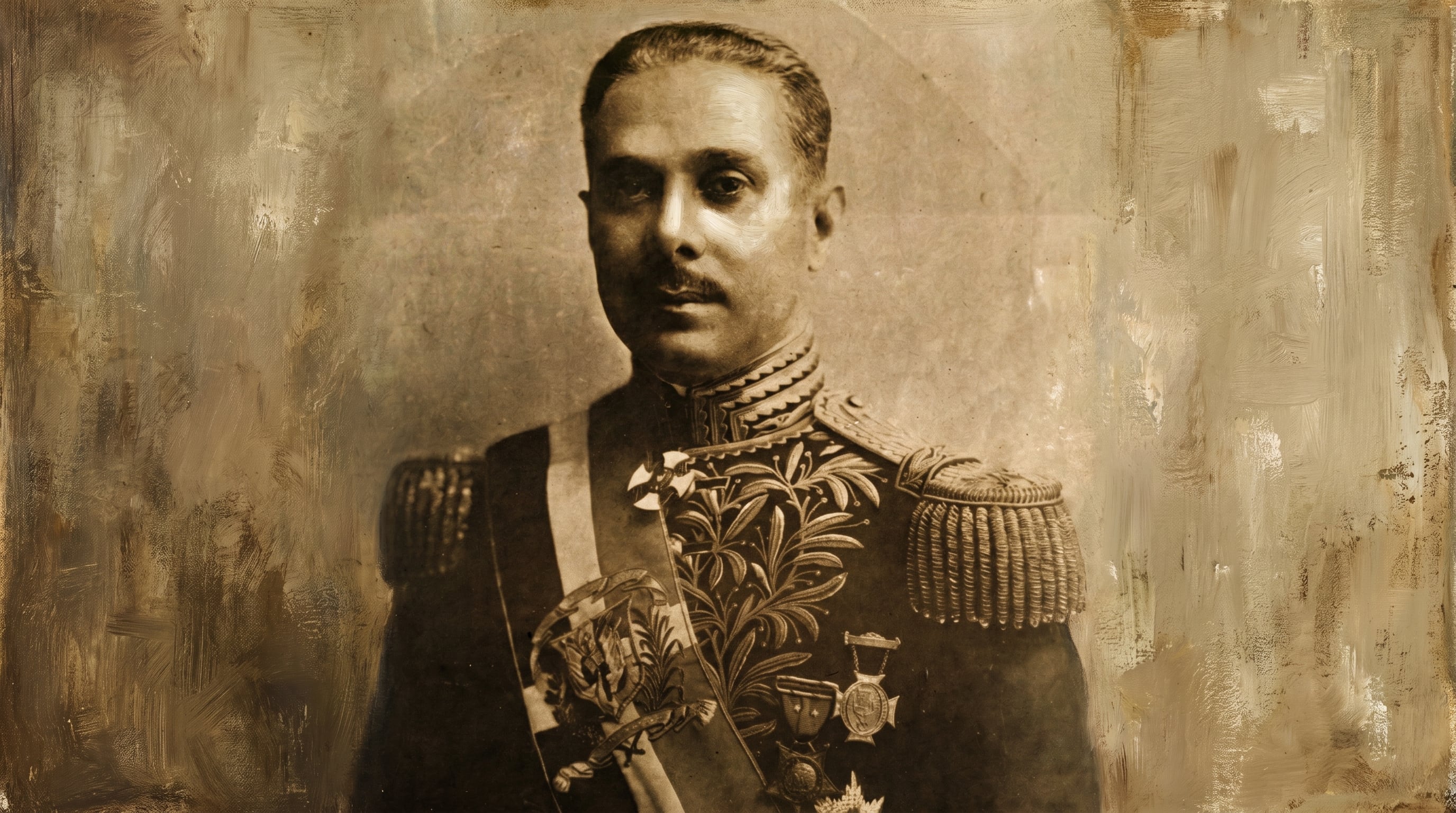 Este retrato al óleo de tonos sepia captura a un dignatario militar luciendo un uniforme formal con insignias y condecoraciones, destacando su figura en un fondo abstracto. (Imagen Ilustrativa Infobae)