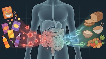 Ilustración de un torso humano con intestino translúcido. A la izquierda, ultraprocesados causan partículas rojas de inflamación; a la derecha, alimentos naturales generan señales verdes y azules de equilibrio.