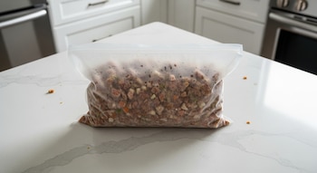 Bolsa transparente con alimento congelado para perros, compuesto de trozos pequeños, sobre una encimera de cocina blanca con iluminación natural.