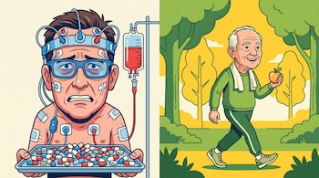 A la izquierda, un hombre con sensores faciales y una bandeja de píldoras; a la derecha, un anciano camina por un parque con una manzana.