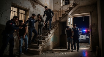 Cinco policías en una casa deteriorada; dos escoltan a una mujer por una escalera y otros tres custodian a dos hombres esposados. Se ve una patrulla.