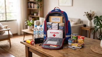 Mochila abierta sobre una mesa de madera con botiquín, botellas de agua, radio, linterna, pilas, comida enlatada y sobres con documentos.