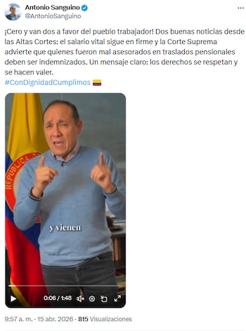 Antonio Sanguino destacó que no habrá retrocesos en derechos laborales y pensionales - crédito @AntonioSanguino/X