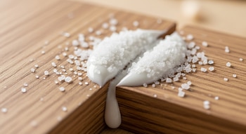 Primer plano de dos piezas de madera unidas por pegamento blanco, abundantemente espolvoreado con granos de sal gruesa.