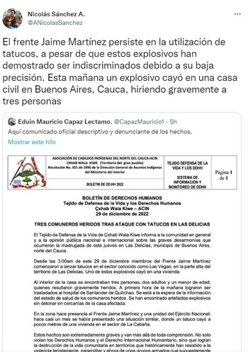 Comunicado sobre atentado en Cauca