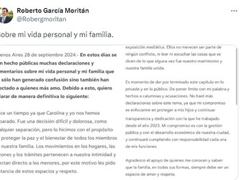 Comunicado de Roberto García Moritán sobre la separación de "Pampita"