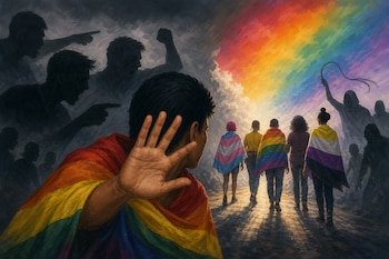 Ilustración de una persona con una bandera arcoíris alzando su mano ante siluetas oscuras, mientras otras caminan hacia una luz multicolor.