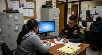 Una mujer y un hombre uniformado de policía sentados en un escritorio, escribiendo en documentos. Hay un monitor de computadora y archivadores metálicos.