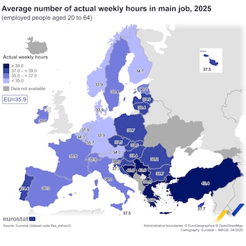 Media de horas semanales reales de trabajo en empleo principal por cada Estado miembro de la UE (Eurostat)