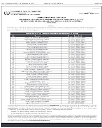 Publicación oficial en un periódico con una tabla que contiene un listado numerado del 1 al 40 de nombres y códigos de expedientes