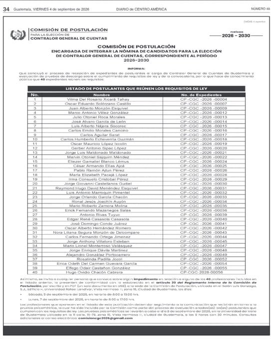 La Comisión de Postulación de Guatemala publica la nómina de los 40 candidatos a la Contraloría General de Cuentas para el periodo 2026-2030 en el Diario de Centro América. (Miquel Cortes Bofill)