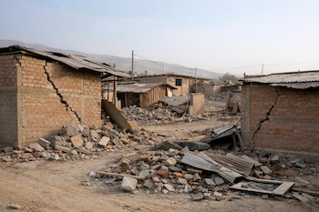 Varias casas de ladrillo sin enlucir con grietas visibles y techos de calamina, rodeadas de escombros en una zona polvorienta de Ica, Perú.