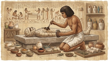 Ilustración de un embalsamador egipcio aplicando bálsamo a una momia envuelta. Contiene cuencos con ingredientes, vasijas, vendajes y jeroglíficos de fondo.