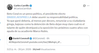 El exdirector de la Ungrd Carlos Carrillo pidió a Abelardo de la Espriella tomar acciones ante la detención de Beto Coral en Estados Unidos - crédito @CarlosCarrilloA/X