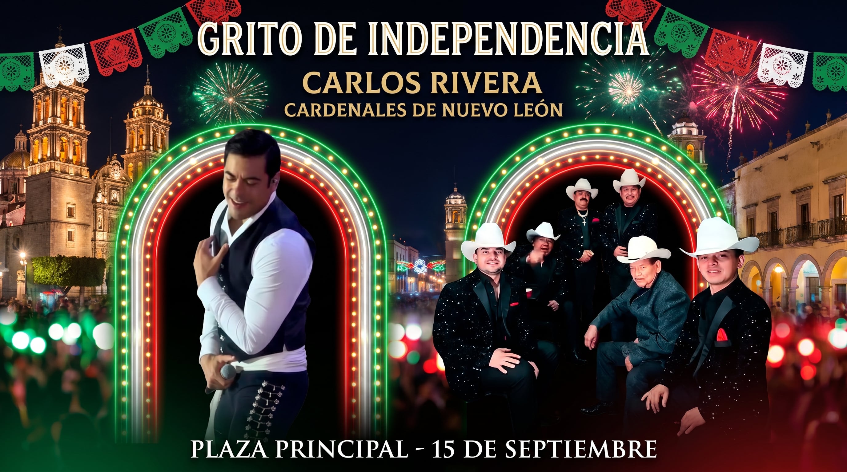 Antes del anuncio oficial, el nombre de Rivera ya circulaba en medios y redes como una versión no confirmada sobre el cartel de las fiestas patrias en la capital hidalguense. (Composición fotográfica: Captura/Redes sociales)