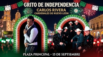 Cartel con las fotos de Carlos Rivera y Cardenales de Nuevo León, adornos tricolores, fuegos artificiales y texto sobre el Grito de Independencia.