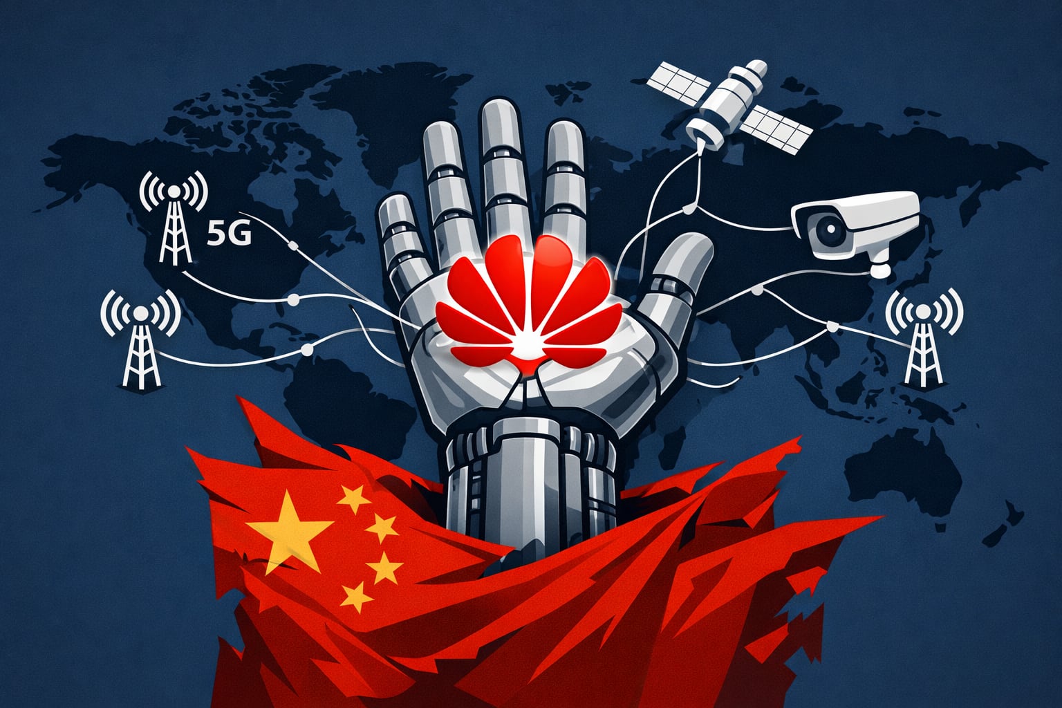 Una mano robótica gris con el logo de Huawei, que emerge de una bandera china, representa la red de conexiones tecnológicas con antenas 5G, satélites y cámaras en un mapa mundial. (Imagen Ilustrativa Infobae)