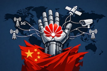 Mano robótica gris con logo de Huawei en la palma, emerge de bandera china. Cables conectan a antenas 5G, satélite y cámara sobre un mapa mundial.