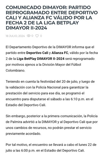 Este fue el comunicado de prensa que emitió la Dimayor en horas de la mañana para postergar el encuentro entre Deportivo Cali y Alianza FC para el próximo lunes 22 de julio - crédito Dimayor / Página oficial
