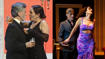 Díptico de escenas de teatro. A la izquierda, un hombre con traje y una mujer con vestido negro brillante interactúan. A la derecha, el hombre detrás de una mujer con vestido morado