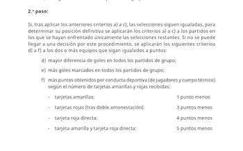 El reglamento explica que sí los equipos llegan a quedar igualados en puntos, se comienza a contar el juego limpio comienza a contar como ítem de desempate-crédito FIFA