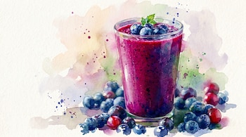 Ilustración acuarela de un vaso de batido morado brillante con arándanos y hojas de menta encima, rodeado de más arándanos y algunas bayas rojas.