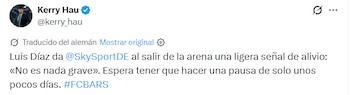 El reporte de tranquilidad que le dio el colombiano Luis Díaz al periodista de Sky Sprots, Kerry Hau - crédito @kerry_hau/X
