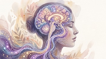 Ilustración en acuarela del perfil de una mujer con el cerebro visible, mostrado con ramificaciones y puntos de luz morados y dorados.
