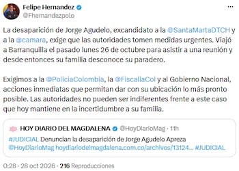 Felipe Hernández pidió acciones urgentes por desaparición de Jorge Agudelo en Barranquilla - crédito @Fhernandezpolo/X