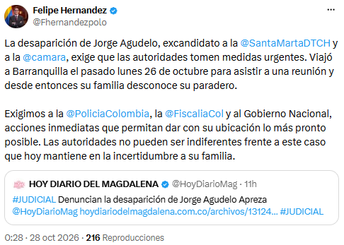 Felipe Hernández pidió acciones urgentes por desaparición de Jorge Agudelo en Barranquilla - crédito @Fhernandezpolo/X