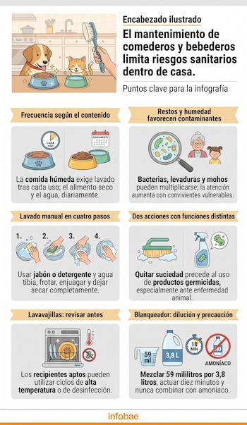 Infografía con seis recuadros ilustrados sobre la higiene de platos de mascotas con un perro, un gato y varios productos de limpieza.