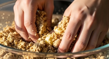 Dos manos humanas mezclan una mezcla de avena, manteca y otros ingredientes secos dentro de un bol de vidrio transparente, con enfoque en la textura granulada.