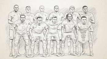 Ilustración de once jugadores de fútbol masculinos de la selección de Suiza con uniformes y un banderín que indica un partido contra Argentina en la Copa Mundial 2026.