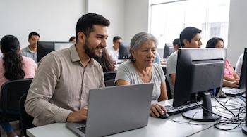 Un hombre joven con barba y una mujer mayor de cabello gris usan un portátil y un monitor de ordenador. Teclado, ratón y cables sobre una mesa. Otros adultos al fondo