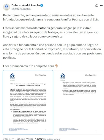 La Defensoría del Pueblo invitó a no replicar mensajes con acusaciones sin tener fundamentos, luego del caso que denunció la senadora Jennifer Pedraza - crédito @DefensoriaCol/X