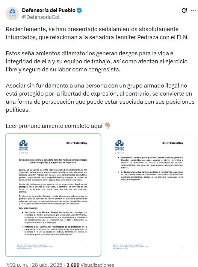La Defensoría del Pueblo invitó a no replicar mensajes con acusaciones sin tener fundamentos, luego del caso que denunció la senadora Jennifer Pedraza - crédito @DefensoriaCol/X