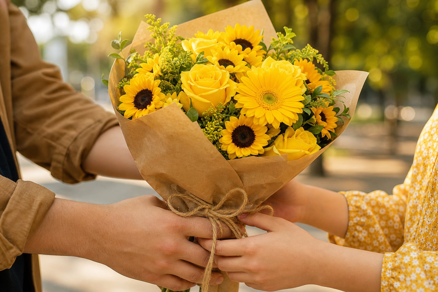 Un joven entrega un ramo de flores amarillas envuelto en papel a una mujer en un parque iluminado por la luz solar. (Imagen Ilustrativa Infobae)