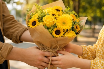 Dos personas sostienen un ramo de flores amarillas envuelto en papel marrón y atado con un cordón de yute.