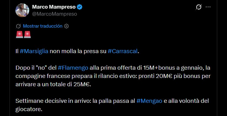 Olympique de Marsella haría un segundo intento por Jorge Carrascal y llevarlo a Francia - crédito @MarcoMampreso/X