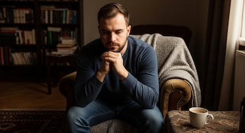 Hombre con barba y suéter azul sentado en un sillón marrón con manta, manos entrelazadas, vista hacia abajo. Hay una taza y estantería con libros.