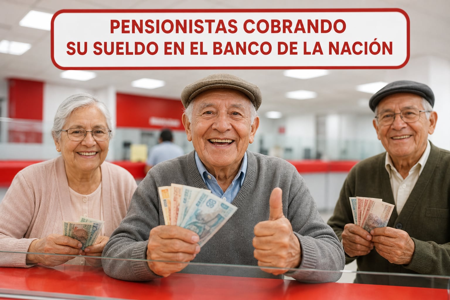 Tres personas adultas mayores reciben dinero en efectivo en el mostrador de cobro del Banco de la Nación. (Imagen Ilustrativa Infobae)