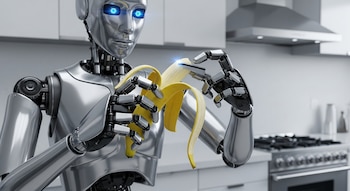 Un robot humanoide de color plateado y ojos azules brillantes sosteniendo y pelando un plátano amarillo en una cocina moderna de tonos claros.
