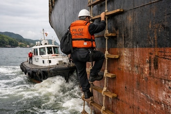 Un hombre con chaleco salvavidas naranja y casco blanco sube una escalera de cuerda hacia el costado de un gran buque, con una lancha piloto detrás.