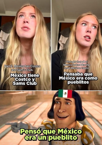 Meme de tres paneles mostrando a una mujer rubia sorprendida y Lord Farquaad con la bandera de México y texto sobre estereotipos de México