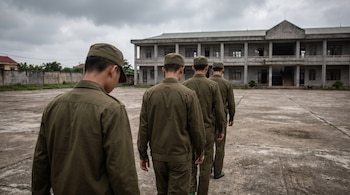 Cuatro personas con uniforme verde olivo caminan de espaldas en un patio de concreto frente a un edificio de dos pisos.