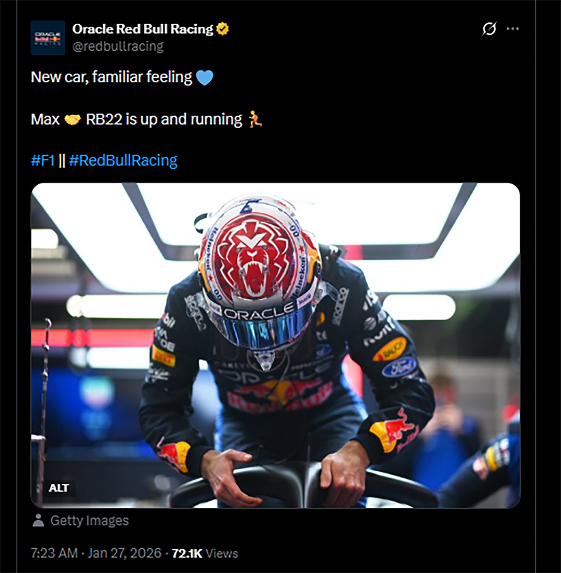 La publicación de Red Bull ante el debut de Max Verstappen esta temporada: el neerlandés protagonizó una bandera roja