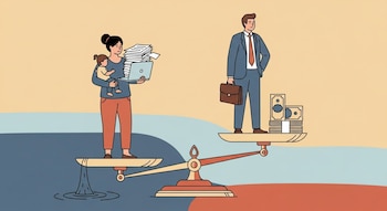 Ilustración de una balanza desequilibrada. Una mujer con bebé y papeles en un platillo que baja; un hombre de traje con dinero en el platillo que sube.