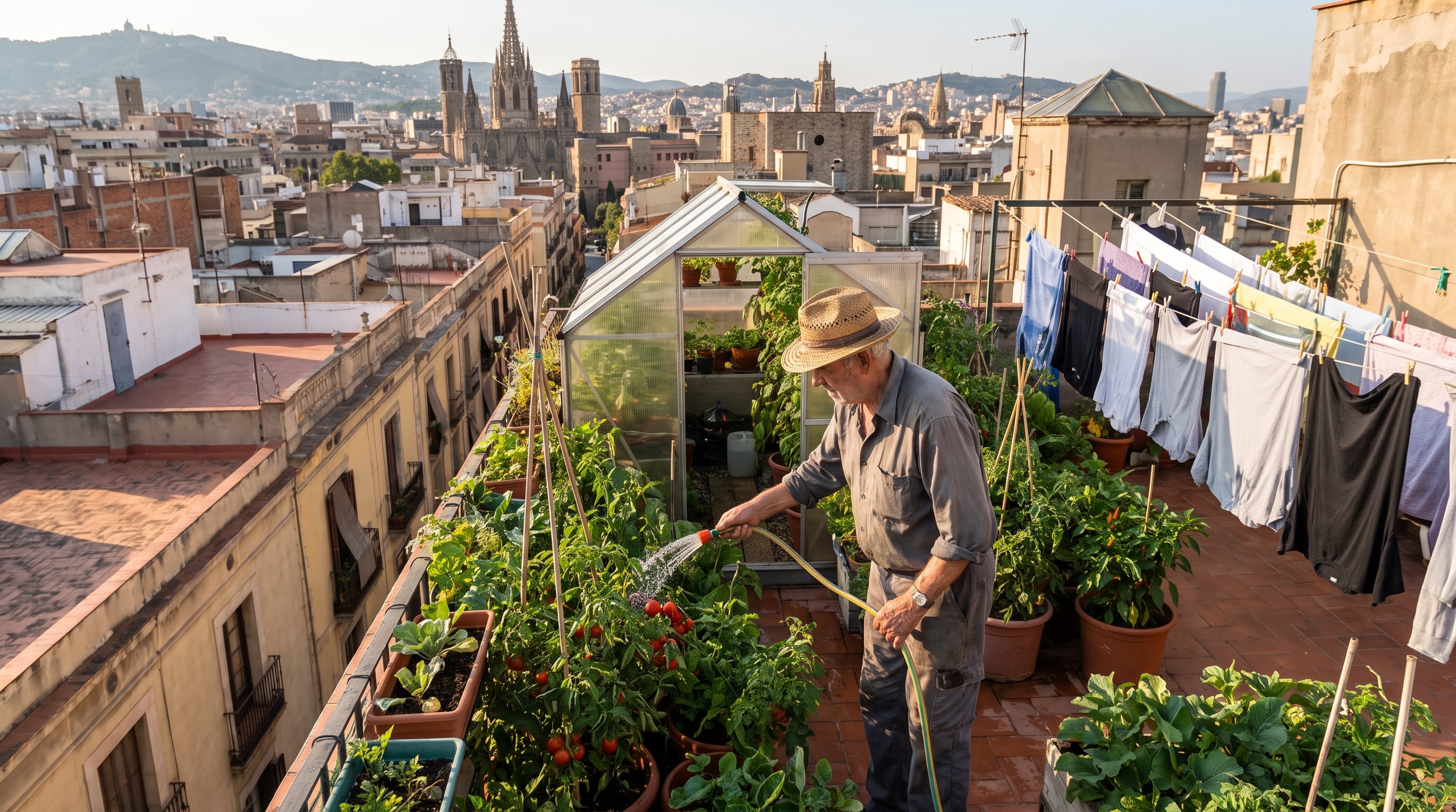 Un hombre riega las hortalizas de su huerto en una azotea con vistas a la catedral de Barcelona y el paisaje urbano de la ciudad. (Imagen Ilustrativa Infobae)