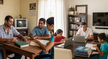 Díptico muestra dos escenas de estudio en hogares: a la izquierda, un hombre y dos adolescentes con libros; a la derecha, un hombre sonriente con laptop y dos niños estudiando.