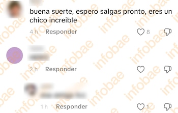 Captura de pantalla de comentarios en red social con mensaje de "buena suerte", perfiles borrosos, botones "Responder" e iconos de "Me gusta"